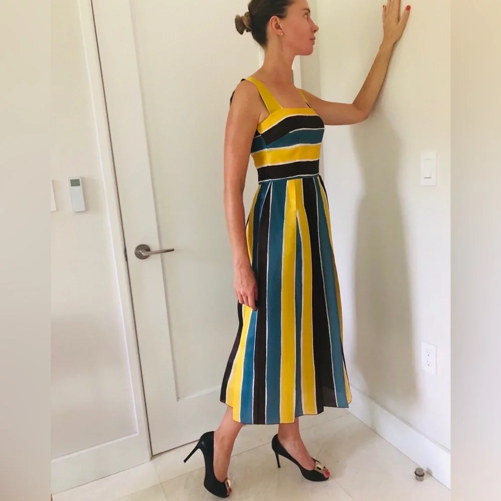 GIFTABLE Dolce & Gabbana Yellow, Teal & Brown Striped Midi Dress Size 40 - Picture 3 of 10